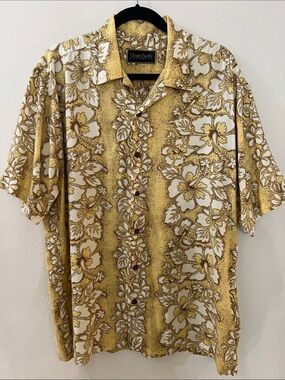 OP Men’s Vintage yellow White Floral Button Down Hawaiian Shirt 100% Rayon sz L